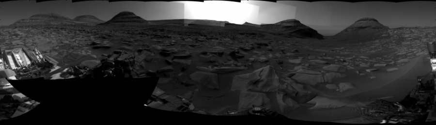 NASA's Mars rover Curiosity took 31 images in Gale Crater using its mast-mounted Right Navigation Camera (Navcam) to create this mosaic. The seam-corrected mosaic provides a 360-degree cylindrical projection panorama of the Martian surface centered at 246 degrees azimuth (measured clockwise from north). Curiosity took the images on September 14, 2022, Sol 3592 of the Mars Science Laboratory mission at drive 1176, site number 97. The local mean solar time for the image exposures was 4 PM. Each Navcam image has a 45 degree field of view. CREDIT: NASA/JPL-Caltech