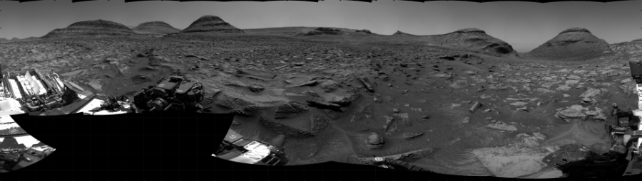 NASA's Mars rover Curiosity took 30 images in Gale Crater using its mast-mounted Right Navigation Camera (Navcam) to create this mosaic. The seam-corrected mosaic provides a 360-degree cylindrical projection panorama of the Martian surface centered at 230 degrees azimuth (measured clockwise from north). Curiosity took the images on September 19, 2022, Sol 3597 of the Mars Science Laboratory mission at drive 1434, site number 97. The local mean solar time for the image exposures was from 1 PM to 2 PM. Each Navcam image has a 45 degree field of view. CREDIT: NASA/JPL-Caltech