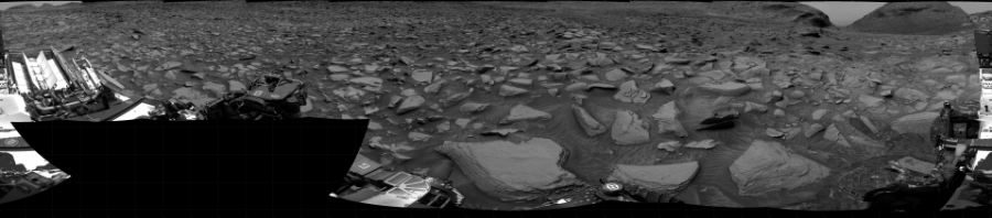 NASA's Mars rover Curiosity took 19 images in Gale Crater using its mast-mounted Right Navigation Camera (Navcam) to create this mosaic. The seam-corrected mosaic provides a 360-degree cylindrical projection panorama of the Martian surface centered at 221 degrees azimuth (measured clockwise from north). Curiosity took the images on September 28, 2022, Sol 3606 of the Mars Science Laboratory mission at drive 1716, site number 97. The local mean solar time for the image exposures was 1 PM. Each Navcam image has a 45 degree field of view. CREDIT: NASA/JPL-Caltech