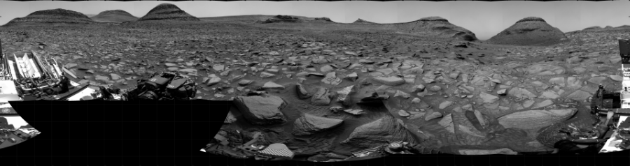 NASA's Mars rover Curiosity took 33 images in Gale Crater using its mast-mounted Right Navigation Camera (Navcam) to create this mosaic. The seam-corrected mosaic provides a 360-degree cylindrical projection panorama of the Martian surface centered at 250 degrees azimuth (measured clockwise from north). Curiosity took the images on October 01, 2022, Sols 3609-3608 of the Mars Science Laboratory mission at drive 1734, site number 97. The local mean solar time for the image exposures was 1 PM. Each Navcam image has a 45 degree field of view. CREDIT: NASA/JPL-Caltech