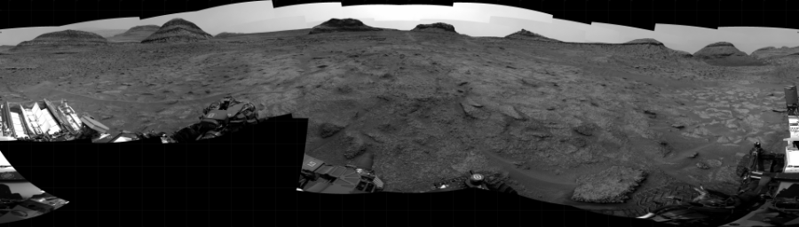 NASA's Mars rover Curiosity took 31 images in Gale Crater using its mast-mounted Right Navigation Camera (Navcam) to create this mosaic. The seam-corrected mosaic provides a 360-degree cylindrical projection panorama of the Martian surface centered at 246 degrees azimuth (measured clockwise from north). Curiosity took the images on October 24, 2022, Sol 3631 of the Mars Science Laboratory mission at drive 2590, site number 97. The local mean solar time for the image exposures was 2 PM. Each Navcam image has a 45 degree field of view. CREDIT: NASA/JPL-Caltech