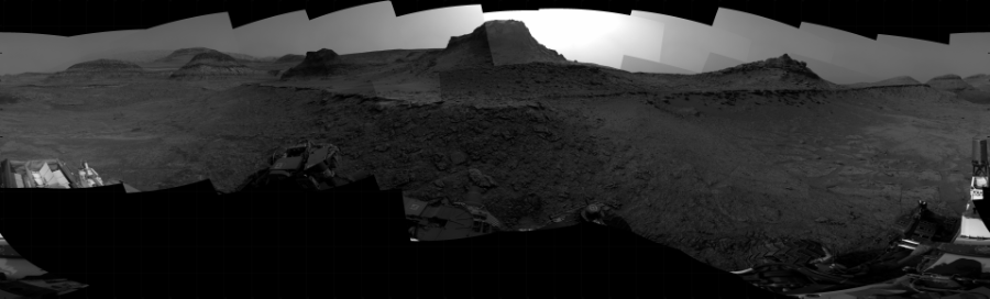NASA's Mars rover Curiosity took 31 images in Gale Crater using its mast-mounted Right Navigation Camera (Navcam) to create this mosaic. The seam-corrected mosaic provides a 360-degree cylindrical projection panorama of the Martian surface centered at 239 degrees azimuth (measured clockwise from north). Curiosity took the images on October 31, 2022, Sol 3638 of the Mars Science Laboratory mission at drive 0, site number 98. The local mean solar time for the image exposures was from 3 PM to 4 PM. Each Navcam image has a 45 degree field of view. CREDIT: NASA/JPL-Caltech