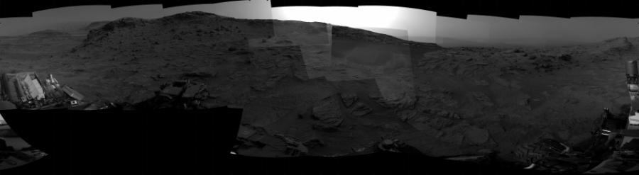 NASA's Mars rover Curiosity took 31 images in Gale Crater using its mast-mounted Right Navigation Camera (Navcam) to create this mosaic. The seam-corrected mosaic provides a 360-degree cylindrical projection panorama of the Martian surface centered at 250 degrees azimuth (measured clockwise from north). Curiosity took the images on November 09, 2022, Sol 3646 of the Mars Science Laboratory mission at drive 800, site number 98. The local mean solar time for the image exposures was 5 PM. Each Navcam image has a 45 degree field of view. CREDIT: NASA/JPL-Caltech