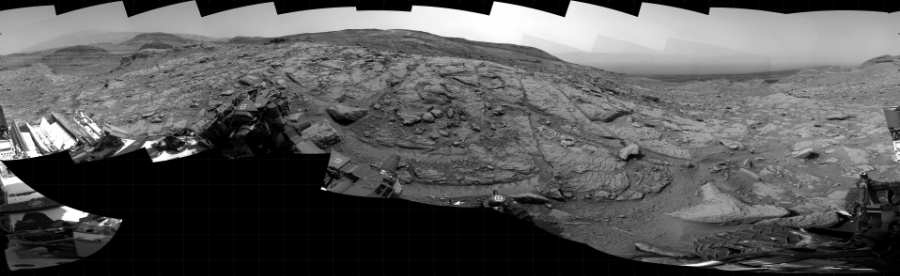 NASA's Mars rover Curiosity took 31 images in Gale Crater using its mast-mounted Right Navigation Camera (Navcam) to create this mosaic. The seam-corrected mosaic provides a 360-degree cylindrical projection panorama of the Martian surface centered at 247 degrees azimuth (measured clockwise from north). Curiosity took the images on November 14, 2022, Sol 3651 of the Mars Science Laboratory mission at drive 1292, site number 98. The local mean solar time for the image exposures was from 2 PM to 3 PM. Each Navcam image has a 45 degree field of view. CREDIT: NASA/JPL-Caltech