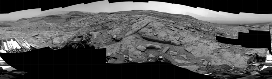 NASA's Mars rover Curiosity took 31 images in Gale Crater using its mast-mounted Right Navigation Camera (Navcam) to create this mosaic. The seam-corrected mosaic provides a 360-degree cylindrical projection panorama of the Martian surface centered at 209 degrees azimuth (measured clockwise from north). Curiosity took the images on November 16, 2022, Sol 3653 of the Mars Science Laboratory mission at drive 1448, site number 98. The local mean solar time for the image exposures was 2 PM. Each Navcam image has a 45 degree field of view. CREDIT: NASA/JPL-Caltech