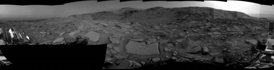 NASA's Mars rover Curiosity took 31 images in Gale Crater using its mast-mounted Right Navigation Camera (Navcam) to create this mosaic. The seam-corrected mosaic provides a 360-degree cylindrical projection panorama of the Martian surface centered at 142 degrees azimuth (measured clockwise from north). Curiosity took the images on November 21, 2022, Sol 3658 of the Mars Science Laboratory mission at drive 1938, site number 98. The local mean solar time for the image exposures was from 3 PM to 4 PM. Each Navcam image has a 45 degree field of view. CREDIT: NASA/JPL-Caltech