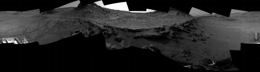 NASA's Mars rover Curiosity took 17 images in Gale Crater using its mast-mounted Right Navigation Camera (Navcam) to create this mosaic. The seam-corrected mosaic provides a 360-degree cylindrical projection panorama of the Martian surface centered at 282 degrees azimuth (measured clockwise from north). Curiosity took the images on December 21, 2022, Sol 3687 of the Mars Science Laboratory mission at drive 0, site number 99. The local mean solar time for the image exposures was from 3 PM to 4 PM. Each Navcam image has a 45 degree field of view. CREDIT: NASA/JPL-Caltech
