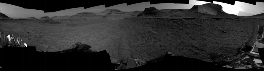 NASA's Mars rover Curiosity took 31 images in Gale Crater using its mast-mounted Right Navigation Camera (Navcam) to create this mosaic. The seam-corrected mosaic provides a 360-degree cylindrical projection panorama of the Martian surface centered at 158 degrees azimuth (measured clockwise from north). Curiosity took the images on January 03, 2023, Sol 3700 of the Mars Science Laboratory mission at drive 398, site number 99. The local mean solar time for the image exposures was from 3 PM to 4 PM. Each Navcam image has a 45 degree field of view. CREDIT: NASA/JPL-Caltech