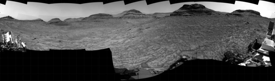 NASA's Mars rover Curiosity took 31 images in Gale Crater using its mast-mounted Right Navigation Camera (Navcam) to create this mosaic. The seam-corrected mosaic provides a 360-degree cylindrical projection panorama of the Martian surface centered at 140 degrees azimuth (measured clockwise from north). Curiosity took the images on January 06, 2023, Sol 3703 of the Mars Science Laboratory mission at drive 740, site number 99. The local mean solar time for the image exposures was 2 PM. Each Navcam image has a 45 degree field of view. CREDIT: NASA/JPL-Caltech