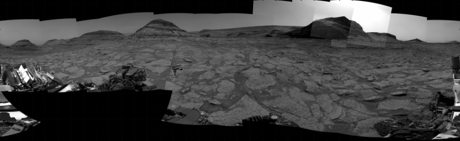 NASA's Mars rover Curiosity took 31 images in Gale Crater using its mast-mounted Right Navigation Camera (Navcam) to create this mosaic. The seam-corrected mosaic provides a 360-degree cylindrical projection panorama of the Martian surface centered at 185 degrees azimuth (measured clockwise from north). Curiosity took the images on January 09, 2023, Sol 3706 of the Mars Science Laboratory mission at drive 1256, site number 99. The local mean solar time for the image exposures was 3 PM. Each Navcam image has a 45 degree field of view. CREDIT: NASA/JPL-Caltech
