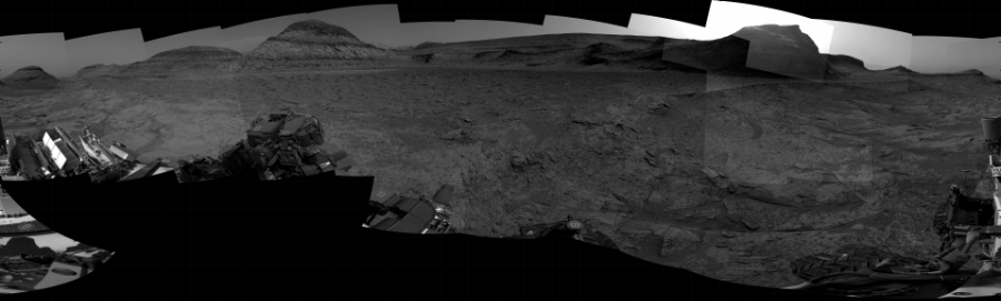 NASA's Mars rover Curiosity took 31 images in Gale Crater using its mast-mounted Right Navigation Camera (Navcam) to create this mosaic. The seam-corrected mosaic provides a 360-degree cylindrical projection panorama of the Martian surface centered at 191 degrees azimuth (measured clockwise from north). Curiosity took the images on January 11, 2023, Sol 3708 of the Mars Science Laboratory mission at drive 1450, site number 99. The local mean solar time for the image exposures was 4 PM. Each Navcam image has a 45 degree field of view. CREDIT: NASA/JPL-Caltech