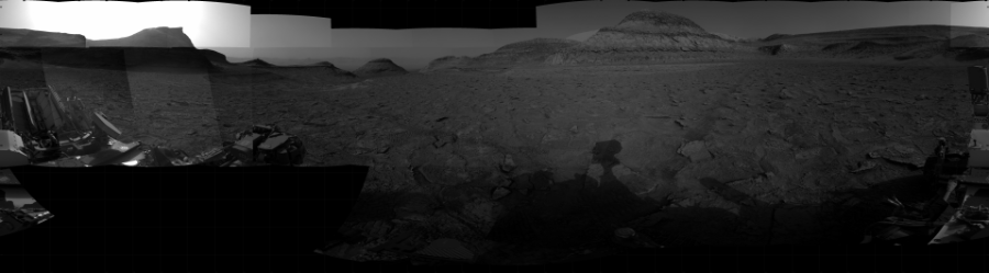 NASA's Mars rover Curiosity took 32 images in Gale Crater using its mast-mounted Right Navigation Camera (Navcam) to create this mosaic. The seam-corrected mosaic provides a 360-degree cylindrical projection panorama of the Martian surface centered at 62 degrees azimuth (measured clockwise from north). Curiosity took the images on February 08, 2023, Sol 3735 of the Mars Science Laboratory mission at drive 84, site number 100. The local mean solar time for the image exposures was from 4 PM to 5 PM. Each Navcam image has a 45 degree field of view. CREDIT: NASA/JPL-Caltech