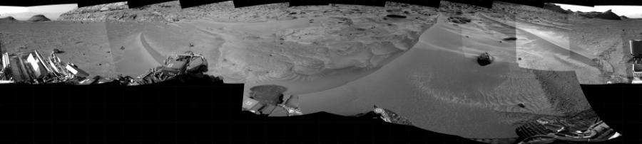 NASA's Mars rover Curiosity took 17 images in Gale Crater using its mast-mounted Right Navigation Camera (Navcam) to create this mosaic. The seam-corrected mosaic provides a 360-degree cylindrical projection panorama of the Martian surface centered at 171 degrees azimuth (measured clockwise from north). Curiosity took the images on February 21, 2023, Sol 3748 of the Mars Science Laboratory mission at drive 922, site number 100. The local mean solar time for the image exposures was from 3 PM to 4 PM. Each Navcam image has a 45 degree field of view. CREDIT: NASA/JPL-Caltech