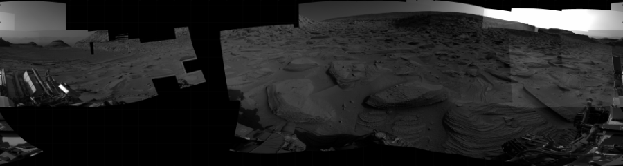 NASA's Mars rover Curiosity took 25 images in Gale Crater using its mast-mounted Right Navigation Camera (Navcam) to create this mosaic. The seam-corrected mosaic provides a 360-degree cylindrical projection panorama of the Martian surface centered at 160 degrees azimuth (measured clockwise from north). Curiosity took the images on March 22, 2023, Sol 3776 of the Mars Science Laboratory mission at drive 1586, site number 100. The local mean solar time for the image exposures was 4 PM. Each Navcam image has a 45 degree field of view. CREDIT: NASA/JPL-Caltech
