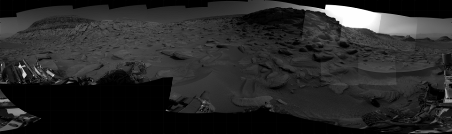 NASA's Mars rover Curiosity took 31 images in Gale Crater using its mast-mounted Right Navigation Camera (Navcam) to create this mosaic. The seam-corrected mosaic provides a 360-degree cylindrical projection panorama of the Martian surface centered at 200 degrees azimuth (measured clockwise from north). Curiosity took the images on March 27, 2023, Sol 3781 of the Mars Science Laboratory mission at drive 1982, site number 100. The local mean solar time for the image exposures was 3 PM. Each Navcam image has a 45 degree field of view. CREDIT: NASA/JPL-Caltech