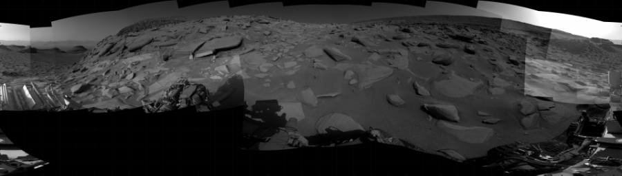 NASA's Mars rover Curiosity took 31 images in Gale Crater using its mast-mounted Right Navigation Camera (Navcam) to create this mosaic. The seam-corrected mosaic provides a 360-degree cylindrical projection panorama of the Martian surface centered at 145 degrees azimuth (measured clockwise from north). Curiosity took the images on April 12, 2023, Sol 3796 of the Mars Science Laboratory mission at drive 2454, site number 100. The local mean solar time for the image exposures was from 3 PM to 5 PM. Each Navcam image has a 45 degree field of view. CREDIT: NASA/JPL-Caltech