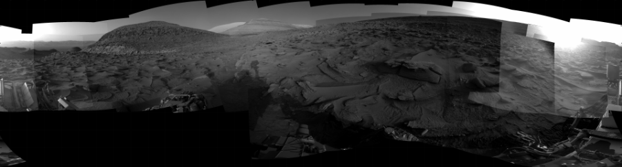 NASA's Mars rover Curiosity took 31 images in Gale Crater using its mast-mounted Right Navigation Camera (Navcam) to create this mosaic. The seam-corrected mosaic provides a 360-degree cylindrical projection panorama of the Martian surface centered at 144 degrees azimuth (measured clockwise from north). Curiosity took the images on April 26, 2023, Sol 3810 of the Mars Science Laboratory mission at drive 522, site number 101. The local mean solar time for the image exposures was 5 PM. Each Navcam image has a 45 degree field of view. CREDIT: NASA/JPL-Caltech
