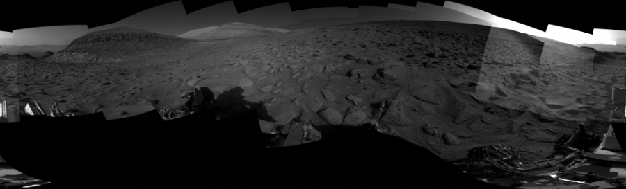 NASA's Mars rover Curiosity took 30 images in Gale Crater using its mast-mounted Right Navigation Camera (Navcam) to create this mosaic. The seam-corrected mosaic provides a 360-degree cylindrical projection panorama of the Martian surface centered at 160 degrees azimuth (measured clockwise from north). Curiosity took the images on April 28, 2023, Sol 3812 of the Mars Science Laboratory mission at drive 714, site number 101. The local mean solar time for the image exposures was 4 PM. Each Navcam image has a 45 degree field of view. CREDIT: NASA/JPL-Caltech