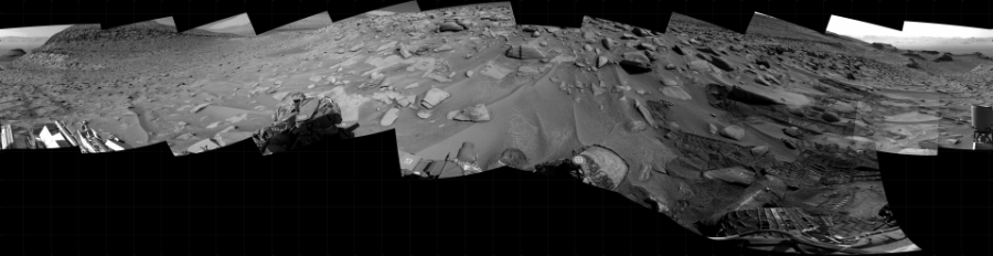 NASA's Mars rover Curiosity took 17 images in Gale Crater using its mast-mounted Right Navigation Camera (Navcam) to create this mosaic. The seam-corrected mosaic provides a 360-degree cylindrical projection panorama of the Martian surface centered at 182 degrees azimuth (measured clockwise from north). Curiosity took the images on June 12, 2023, Sol 3856 of the Mars Science Laboratory mission at drive 1498, site number 101. The local mean solar time for the image exposures was from 2 PM to 3 PM. Each Navcam image has a 45 degree field of view. CREDIT: NASA/JPL-Caltech