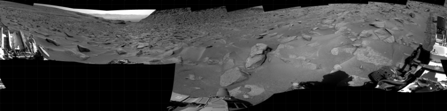 NASA's Mars rover Curiosity took 18 images in Gale Crater using its mast-mounted Right Navigation Camera (Navcam) to create this mosaic. The seam-corrected mosaic provides a 360-degree cylindrical projection panorama of the Martian surface centered at 50 degrees azimuth (measured clockwise from north). Curiosity took the images on June 23, 2023, Sol 3867 of the Mars Science Laboratory mission at drive 2616, site number 101. The local mean solar time for the image exposures was 1 PM. Each Navcam image has a 45 degree field of view. CREDIT: NASA/JPL-Caltech