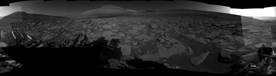 NASA's Mars rover Curiosity took 31 images in Gale Crater using its mast-mounted Right Navigation Camera (Navcam) to create this mosaic. The seam-corrected mosaic provides a 360-degree cylindrical projection panorama of the Martian surface centered at 153 degrees azimuth (measured clockwise from north). Curiosity took the images on June 30, 2023, Sol 3873 of the Mars Science Laboratory mission at drive 492, site number 102. The local mean solar time for the image exposures was from 3 PM to 4 PM. Each Navcam image has a 45 degree field of view. CREDIT: NASA/JPL-Caltech