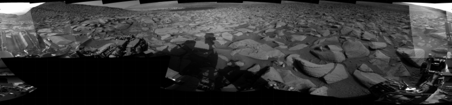 NASA's Mars rover Curiosity took 19 images in Gale Crater using its mast-mounted Right Navigation Camera (Navcam) to create this mosaic. The seam-corrected mosaic provides a 360-degree cylindrical projection panorama of the Martian surface centered at 132 degrees azimuth (measured clockwise from north). Curiosity took the images on July 05, 2023, Sol 3878 of the Mars Science Laboratory mission at drive 630, site number 102. The local mean solar time for the image exposures was 4 PM. Each Navcam image has a 45 degree field of view. CREDIT: NASA/JPL-Caltech