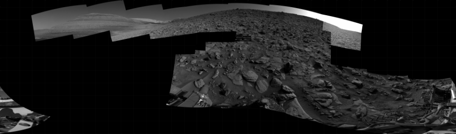 NASA's Mars rover Curiosity took 18 images in Gale Crater using its mast-mounted Right Navigation Camera (Navcam) to create this mosaic. The seam-corrected mosaic provides a 360-degree cylindrical projection panorama of the Martian surface centered at 205 degrees azimuth (measured clockwise from north). Curiosity took the images on August 14, 2023, Sol 3917 of the Mars Science Laboratory mission at drive 1234, site number 103. The local mean solar time for the image exposures was 3 PM. Each Navcam image has a 45 degree field of view. CREDIT: NASA/JPL-Caltech