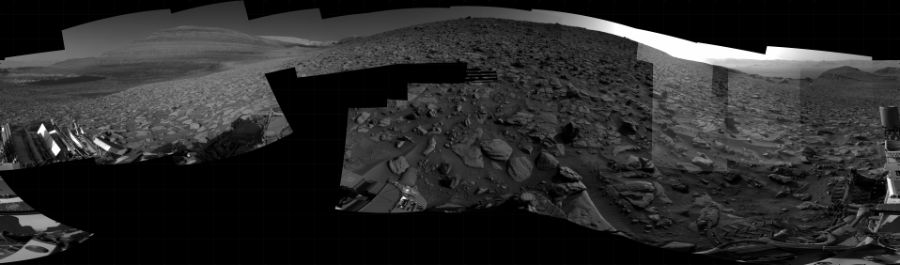 NASA's Mars rover Curiosity took 25 images in Gale Crater using its mast-mounted Right Navigation Camera (Navcam) to create this mosaic. The seam-corrected mosaic provides a 360-degree cylindrical projection panorama of the Martian surface centered at 205 degrees azimuth (measured clockwise from north). Curiosity took the images on August 14, 2023, Sol 3917 of the Mars Science Laboratory mission at drive 1234, site number 103. The local mean solar time for the image exposures was 3 PM. Each Navcam image has a 45 degree field of view. CREDIT: NASA/JPL-Caltech