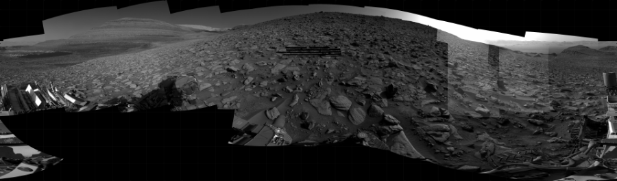 NASA's Mars rover Curiosity took 28 images in Gale Crater using its mast-mounted Right Navigation Camera (Navcam) to create this mosaic. The seam-corrected mosaic provides a 360-degree cylindrical projection panorama of the Martian surface centered at 205 degrees azimuth (measured clockwise from north). Curiosity took the images on August 14, 2023, Sol 3917 of the Mars Science Laboratory mission at drive 1234, site number 103. The local mean solar time for the image exposures was 3 PM. Each Navcam image has a 45 degree field of view. CREDIT: NASA/JPL-Caltech