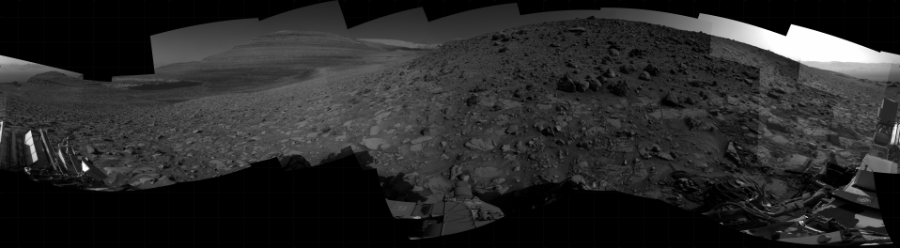 NASA's Mars rover Curiosity took 27 images in Gale Crater using its mast-mounted Right Navigation Camera (Navcam) to create this mosaic. The seam-corrected mosaic provides a 360-degree cylindrical projection panorama of the Martian surface centered at 163 degrees azimuth (measured clockwise from north). Curiosity took the images on August 18, 2023, Sol 3921 of the Mars Science Laboratory mission at drive 1528, site number 103. The local mean solar time for the image exposures was from 2 PM to 3 PM. Each Navcam image has a 45 degree field of view. CREDIT: NASA/JPL-Caltech