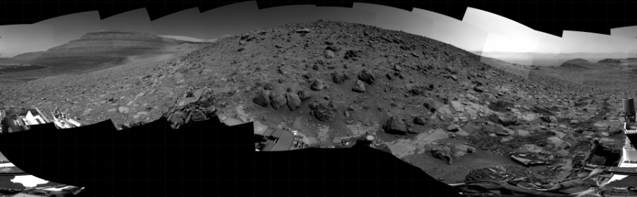 NASA's Mars rover Curiosity took 31 images in Gale Crater using its mast-mounted Right Navigation Camera (Navcam) to create this mosaic. The seam-corrected mosaic provides a 360-degree cylindrical projection panorama of the Martian surface centered at 217 degrees azimuth (measured clockwise from north). Curiosity took the images on August 21, 2023, Sol 3924 of the Mars Science Laboratory mission at drive 1598, site number 103. The local mean solar time for the image exposures was 1 PM. Each Navcam image has a 45 degree field of view. CREDIT: NASA/JPL-Caltech