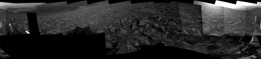 NASA's Mars rover Curiosity took 19 images in Gale Crater using its mast-mounted Right Navigation Camera (Navcam) to create this mosaic. The seam-corrected mosaic provides a 360-degree cylindrical projection panorama of the Martian surface centered at 179 degrees azimuth (measured clockwise from north). Curiosity took the images on August 31, 2023, Sol 3934 of the Mars Science Laboratory mission at drive 2442, site number 103. The local mean solar time for the image exposures was from 3 PM to 4 PM. Each Navcam image has a 45 degree field of view. CREDIT: NASA/JPL-Caltech