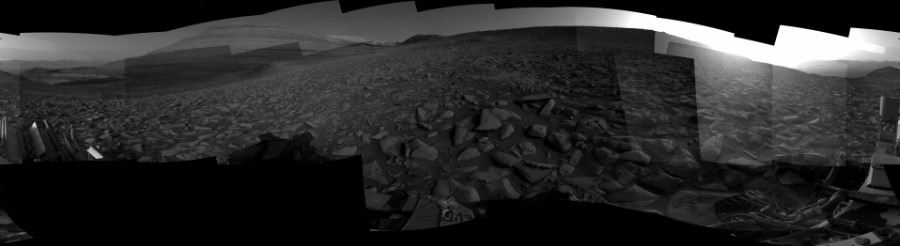 NASA's Mars rover Curiosity took 31 images in Gale Crater using its mast-mounted Right Navigation Camera (Navcam) to create this mosaic. The seam-corrected mosaic provides a 360-degree cylindrical projection panorama of the Martian surface centered at 179 degrees azimuth (measured clockwise from north). Curiosity took the images on August 31, 2023, Sol 3934 of the Mars Science Laboratory mission at drive 2442, site number 103. The local mean solar time for the image exposures was from 3 PM to 5 PM. Each Navcam image has a 45 degree field of view. CREDIT: NASA/JPL-Caltech