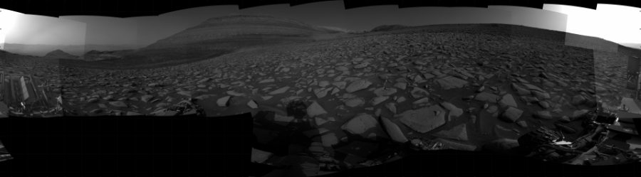 NASA's Mars rover Curiosity took 31 images in Gale Crater using its mast-mounted Right Navigation Camera (Navcam) to create this mosaic. The seam-corrected mosaic provides a 360-degree cylindrical projection panorama of the Martian surface centered at 134 degrees azimuth (measured clockwise from north). Curiosity took the images on September 13, 2023, Sol 3946 of the Mars Science Laboratory mission at drive 378, site number 104. The local mean solar time for the image exposures was 3 PM. Each Navcam image has a 45 degree field of view. CREDIT: NASA/JPL-Caltech