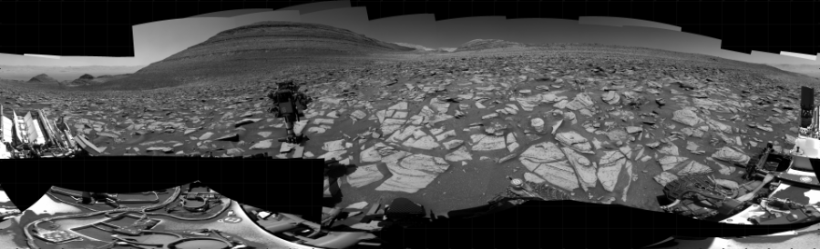 NASA's Mars rover Curiosity took 63 images in Gale Crater using its mast-mounted Right Navigation Camera (Navcam) to create this mosaic. The seam-corrected mosaic provides a 360-degree cylindrical projection panorama of the Martian surface centered at 143 degrees azimuth (measured clockwise from north). Curiosity took the images on October 22, 2023, Sols 3984-3974 of the Mars Science Laboratory mission at drive 418, site number 105. The local mean solar time for the image exposures was from 11 AM to 1 PM. Each Navcam image has a 45 degree field of view. CREDIT: NASA/JPL-Caltech