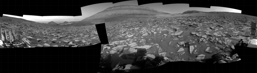 NASA's Mars rover Curiosity took 23 images in Gale Crater using its mast-mounted Right Navigation Camera (Navcam) to create this mosaic. The seam-corrected mosaic provides a 360-degree cylindrical projection panorama of the Martian surface centered at 88 degrees azimuth (measured clockwise from north). Curiosity took the images on December 06, 2023, Sol 4028 of the Mars Science Laboratory mission at drive 490, site number 105. The local mean solar time for the image exposures was from 2 PM to 3 PM. Each Navcam image has a 45 degree field of view. CREDIT: NASA/JPL-Caltech