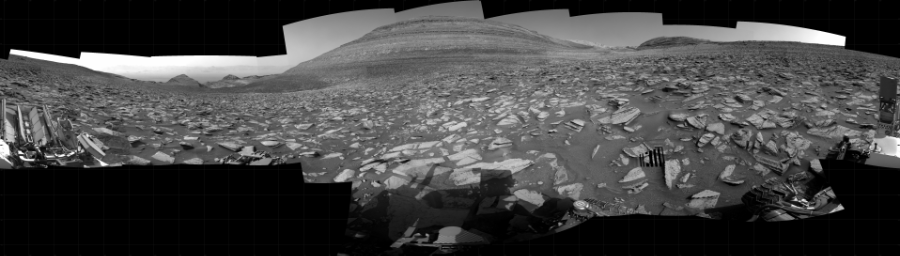NASA's Mars rover Curiosity took 24 images in Gale Crater using its mast-mounted Right Navigation Camera (Navcam) to create this mosaic. The seam-corrected mosaic provides a 360-degree cylindrical projection panorama of the Martian surface centered at 88 degrees azimuth (measured clockwise from north). Curiosity took the images on December 06, 2023, Sol 4028 of the Mars Science Laboratory mission at drive 490, site number 105. The local mean solar time for the image exposures was from 2 PM to 3 PM. Each Navcam image has a 45 degree field of view. CREDIT: NASA/JPL-Caltech