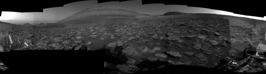 NASA's Mars rover Curiosity took 31 images in Gale Crater using its mast-mounted Right Navigation Camera (Navcam) to create this mosaic. The seam-corrected mosaic provides a 360-degree cylindrical projection panorama of the Martian surface centered at 123 degrees azimuth (measured clockwise from north). Curiosity took the images on December 08, 2023, Sol 4030 of the Mars Science Laboratory mission at drive 622, site number 105. The local mean solar time for the image exposures was 3 PM. Each Navcam image has a 45 degree field of view. CREDIT: NASA/JPL-Caltech