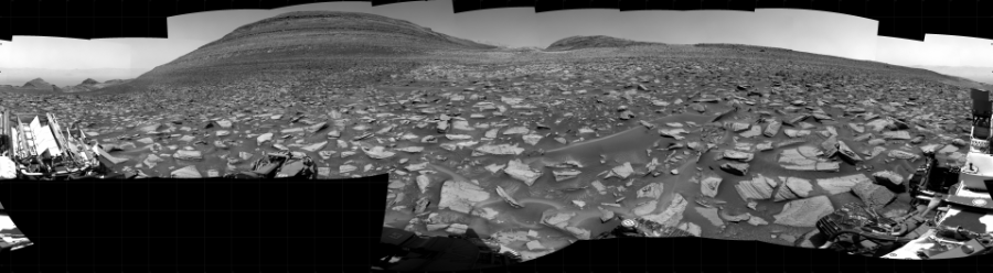 NASA's Mars rover Curiosity took 30 images in Gale Crater using its mast-mounted Right Navigation Camera (Navcam) to create this mosaic. The seam-corrected mosaic provides a 360-degree cylindrical projection panorama of the Martian surface centered at 146 degrees azimuth (measured clockwise from north). Curiosity took the images on December 22, 2023, Sol 4044 of the Mars Science Laboratory mission at drive 1108, site number 105. The local mean solar time for the image exposures was 12 PM. Each Navcam image has a 45 degree field of view. CREDIT: NASA/JPL-Caltech