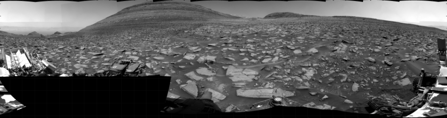 NASA's Mars rover Curiosity took 31 images in Gale Crater using its mast-mounted Right Navigation Camera (Navcam) to create this mosaic. The seam-corrected mosaic provides a 360-degree cylindrical projection panorama of the Martian surface centered at 132 degrees azimuth (measured clockwise from north). Curiosity took the images on January 05, 2024, Sol 4057 of the Mars Science Laboratory mission at drive 1198, site number 105. The local mean solar time for the image exposures was from 1 PM to 12 PM. Each Navcam image has a 45 degree field of view. CREDIT: NASA/JPL-Caltech