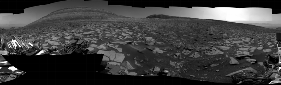 NASA's Mars rover Curiosity took 31 images in Gale Crater using its mast-mounted Right Navigation Camera (Navcam) to create this mosaic. The seam-corrected mosaic provides a 360-degree cylindrical projection panorama of the Martian surface centered at 159 degrees azimuth (measured clockwise from north). Curiosity took the images on January 22, 2024, Sol 4074 of the Mars Science Laboratory mission at drive 1994, site number 105. The local mean solar time for the image exposures was from 1 PM to 2 PM. Each Navcam image has a 45 degree field of view. CREDIT: NASA/JPL-Caltech