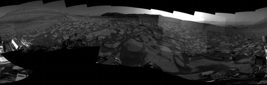 NASA's Mars rover Curiosity took 31 images in Gale Crater using its mast-mounted Right Navigation Camera (Navcam) to create this mosaic. The seam-corrected mosaic provides a 360-degree cylindrical projection panorama of the Martian surface centered at 210 degrees azimuth (measured clockwise from north). Curiosity took the images on January 28, 2024, Sol 4080 of the Mars Science Laboratory mission at drive 2780, site number 105. The local mean solar time for the image exposures was from 3 PM to 4 PM. Each Navcam image has a 45 degree field of view. CREDIT: NASA/JPL-Caltech