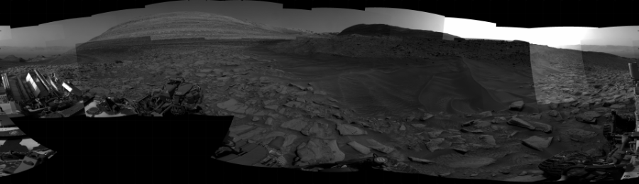 NASA's Mars rover Curiosity took 31 images in Gale Crater using its mast-mounted Right Navigation Camera (Navcam) to create this mosaic. The seam-corrected mosaic provides a 360-degree cylindrical projection panorama of the Martian surface centered at 154 degrees azimuth (measured clockwise from north). Curiosity took the images on February 06, 2024, Sol 4088 of the Mars Science Laboratory mission at drive 3134, site number 105. The local mean solar time for the image exposures was from 2 PM to 4 PM. Each Navcam image has a 45 degree field of view. CREDIT: NASA/JPL-Caltech