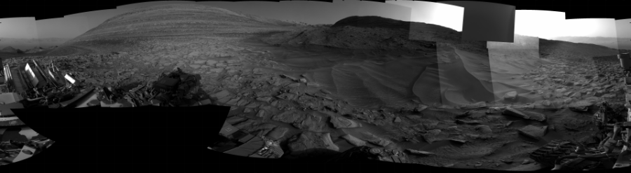NASA's Mars rover Curiosity took 31 images in Gale Crater using its mast-mounted Right Navigation Camera (Navcam) to create this mosaic. The seam-corrected mosaic provides a 360-degree cylindrical projection panorama of the Martian surface centered at 155 degrees azimuth (measured clockwise from north). Curiosity took the images on February 07, 2024, Sol 4089 of the Mars Science Laboratory mission at drive 0, site number 106. The local mean solar time for the image exposures was 4 PM. Each Navcam image has a 45 degree field of view. CREDIT: NASA/JPL-Caltech