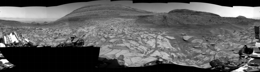NASA's Mars rover Curiosity took 31 images in Gale Crater using its mast-mounted Right Navigation Camera (Navcam) to create this mosaic. The seam-corrected mosaic provides a 360-degree cylindrical projection panorama of the Martian surface centered at 112 degrees azimuth (measured clockwise from north). Curiosity took the images on February 12, 2024, Sol 4094 of the Mars Science Laboratory mission at drive 138, site number 106. The local mean solar time for the image exposures was 1 PM. Each Navcam image has a 45 degree field of view. CREDIT: NASA/JPL-Caltech