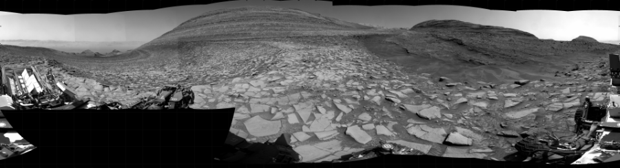 NASA's Mars rover Curiosity took 31 images in Gale Crater using its mast-mounted Right Navigation Camera (Navcam) to create this mosaic. The seam-corrected mosaic provides a 360-degree cylindrical projection panorama of the Martian surface centered at 107 degrees azimuth (measured clockwise from north). Curiosity took the images on February 14, 2024, Sol 4096 of the Mars Science Laboratory mission at drive 270, site number 106. The local mean solar time for the image exposures was 1 PM. Each Navcam image has a 45 degree field of view. CREDIT: NASA/JPL-Caltech