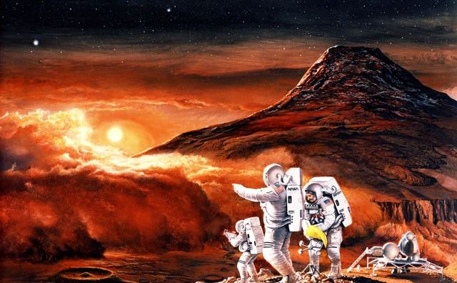 Artist's concept of the landing of the first human mission to Mars.