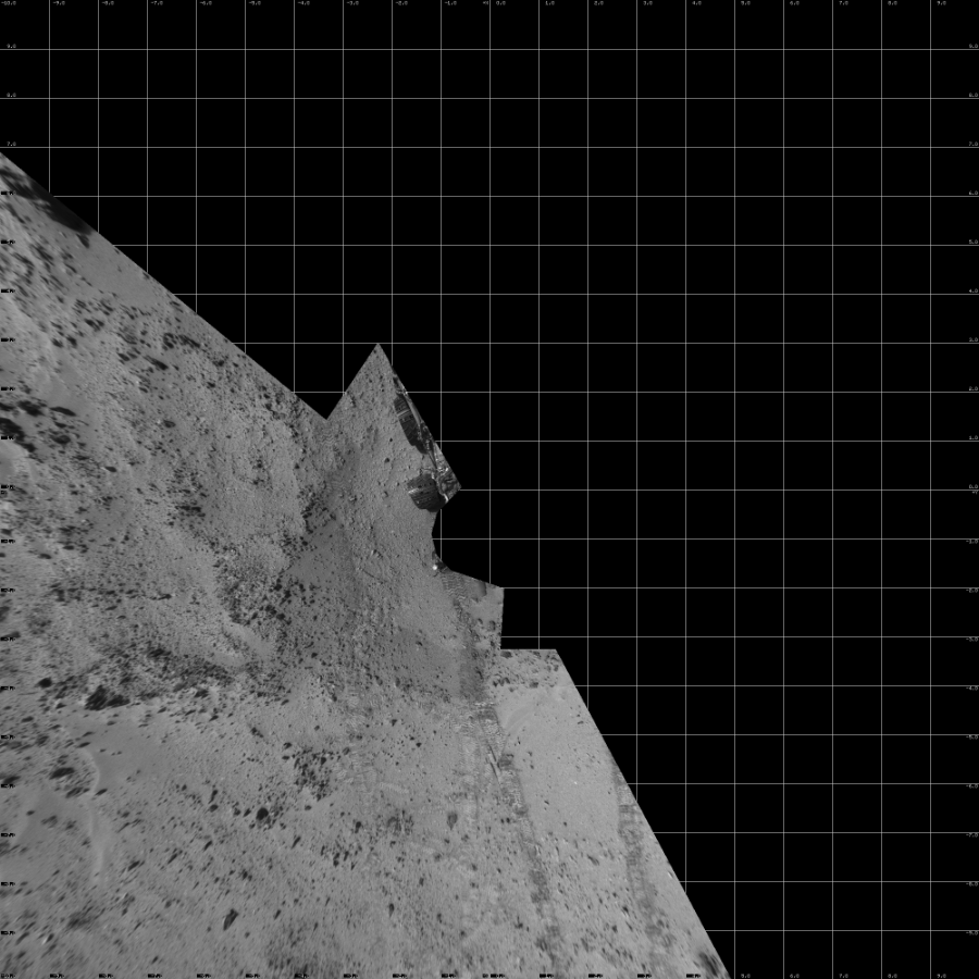 NASA's Mars rover Curiosity took 10 images in Gale Crater using its mast-mounted Left Navigation Camera (Navcam) to create this mosaic. The seam-corrected mosaic provides a vertical projection of the Martian surface near the rover, covering an area of 20 meters (north/south) by 20 meters (east/west). North is up in the image. This projection provides an overhead view, but introduces distortion for items not on the surface, such as large rocks and the rover itself.  Curiosity took the images on July 05, 2013, Sol 324 of the Mars Science Laboratory mission at drive 0, site number 7. The local mean solar time for the image exposures was 3 PM. Each Navcam image has a 45-degree field of view. CREDIT: NASA/JPL-Caltech
