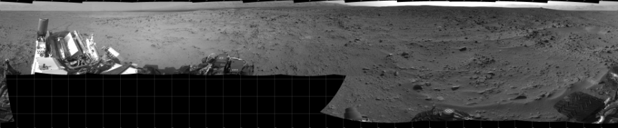 NASA's Mars rover Curiosity took 17 images in Gale Crater using its mast-mounted Left Navigation Camera (Navcam) to create this mosaic. The seam-corrected mosaic provides a 360-degree cylindrical projection panorama of the Martian surface centered at 180 degrees azimuth (measured clockwise from north). Curiosity took the images on July 14, 2013, Sol 333 of the Mars Science Laboratory mission at drive 0, site number 8. The local mean solar time for the image exposures was 4 PM. Each Navcam image has a 45 degree field of view. CREDIT: NASA/JPL-Caltech