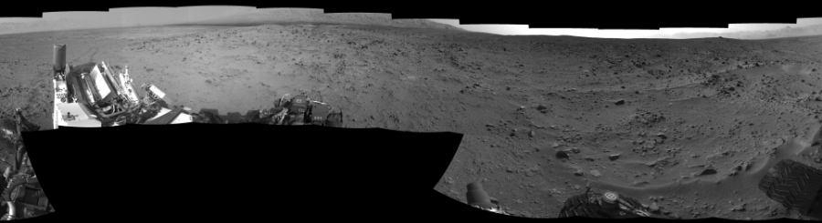 NASA's Mars rover Curiosity took 17 images in Gale Crater using its mast-mounted Left Navigation Camera (Navcam) to create this mosaic. The seam-corrected mosaic provides a 360-degree cylindrical-perspective projection panorama of the Martian surface suitable for stereo viewing, centered at 342 degrees azimuth (measured clockwise from north). This single-eye view must be combined with the partner right image to be viewed in stereo.  Curiosity took the images on July 14, 2013, Sol 333 of the Mars Science Laboratory mission at drive 0, site number 8. The local mean solar time for the image exposures was 4 PM. Each Navcam image has a 45-degree field of view. CREDIT: NASA/JPL-Caltech
